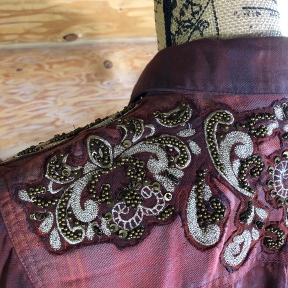 Free People Stevie's Embellished Plaid Shirt Tunic in red/burgundy size M - Picture 8 of 12